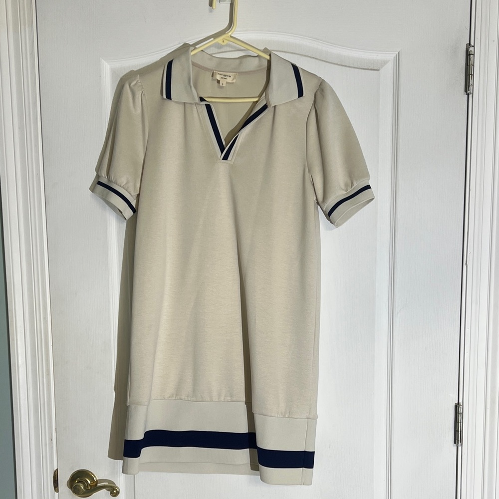 Umgee Cream Knit Polo Dress with Navy Trim